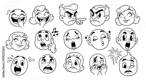 Various cartoon faces expressing emotions through diverse reactions and gestures.