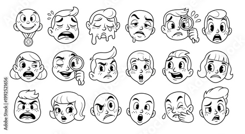 Various cartoon faces show different emotions and expressions on their faces.