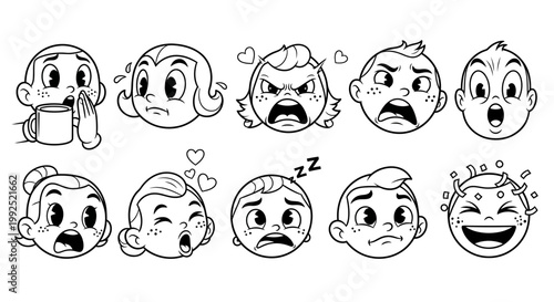 A collection of various cartoon faces expressing different Emotions with hearts and sweat.