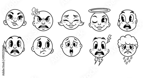 A collection of various emotive cartoon faces expressing different emotions and reactions.