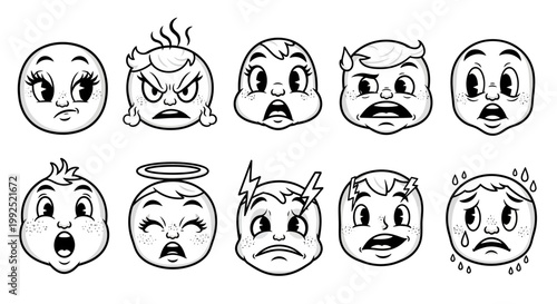 A digital illustration depicts various emotive faces expressing different emotions through facial expressions.