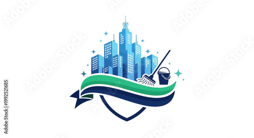 Cityscape illustration features a stylized city skyline with a broom and dustpan, surrounded by decorative elements.
