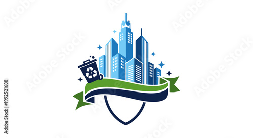 Cityscape illustration features a stylized green ribbon with a blue city skyline and a recycling symbol.