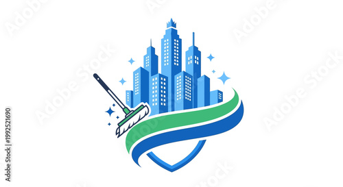 A stylized cityscape logo features a green and blue ribbon wrapped around a shield with a skyscraper scene.