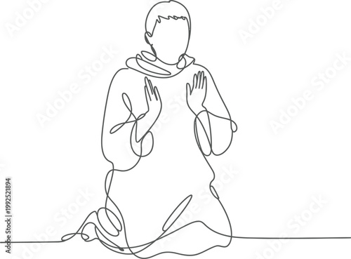 Minimalist continuous line of a person kneeling in prayer with hands raised in a gesture of devotion and spiritual reflection on a clean white background