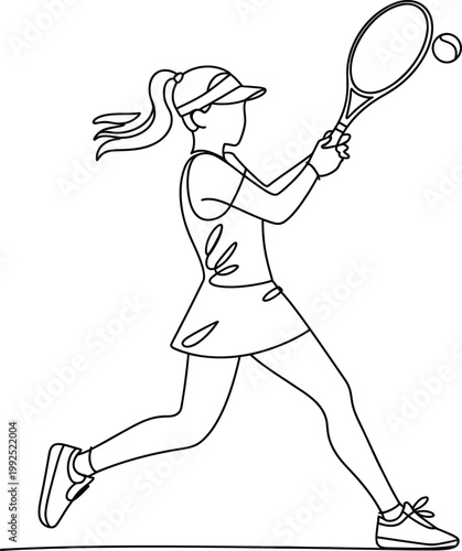 Single line of a female tennis player performing a backhand stroke with a racket and ball isolated on a clean white background
