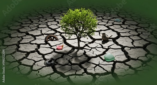 A solitary tree stands resilient amidst a parched, cracked landscape littered with debris, symbolizing environmental degradation and hope