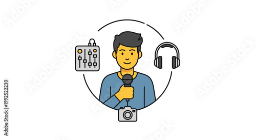 A man with a camera and headphones.