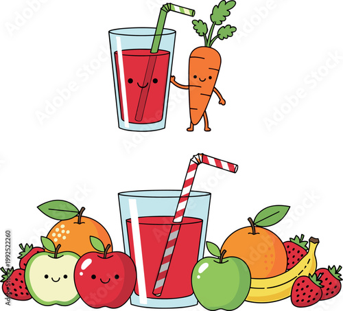 Cute fruit juice characters with smiling carrot and mixed fruits collection, healthy drink vector illustration isolated on light background