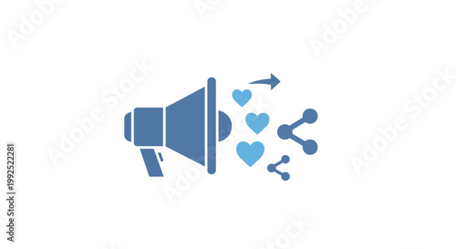 Social media megaphone with hearts and symbols.
