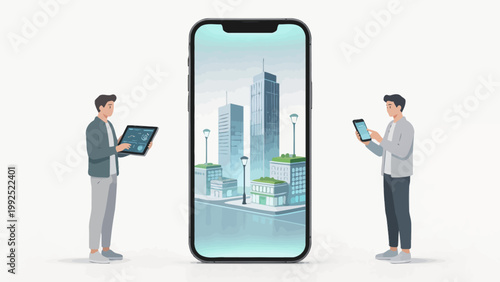 Two people with devices near a cityscape phone