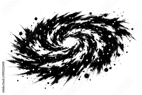 Swirling Vortex Ink Art, Black ink abstract artwork of a spiral vortex with dynamic brush strokes radiating outward, symbolizing turbulence and chaos.