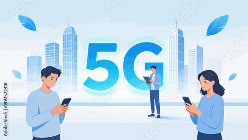 People using smartphones with 5G cityscape