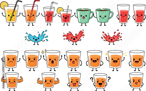 Cute juice and drink characters collection with different emotions, cartoon beverage mascots set including splash elements isolated vector illustration