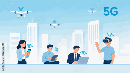 People using tech in city with drones