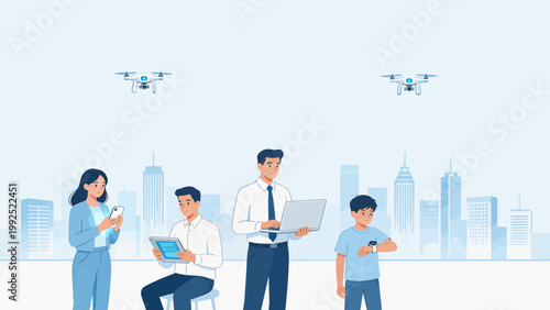 People using devices with drones in city