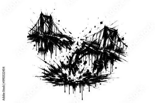Suspension Bridge Explosion Ink Art, Black ink abstract illustration resembling two suspension bridges with a chaotic explosion or splash effect at the center, symbolizing destruction, fragmentation