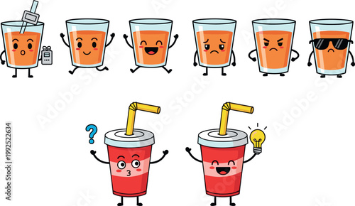 Cute juice glass characters showing different emotions set, cartoon beverage expressions collection with happy sad cool and thinking faces vector illustration