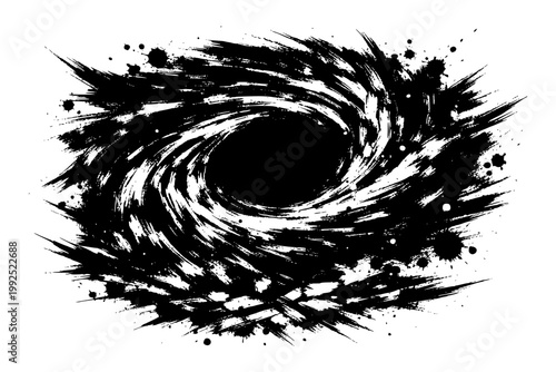 ads86.epsSpiral Turbulence Ink Art, Abstract black-and-white artwork of a spiral-like formation with a central oval shape, symbolizing rotational motion and turbulence.