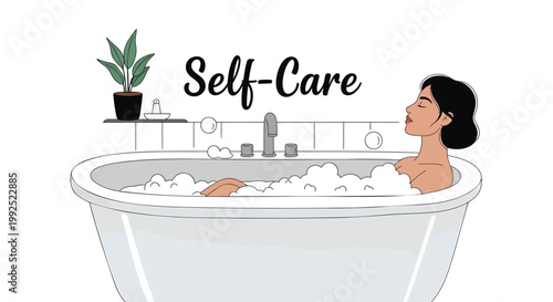 Relaxing woman in bathtub, self-care illustration, bubble bath, wellness, relaxation
