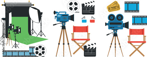 Film production studio equipment set with camera director chair clapperboard green screen and cinema elements vector illustration