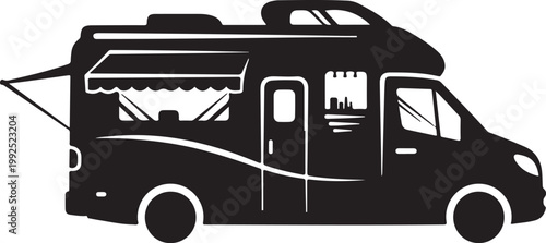 Black RV, motorhome, camper van, travel trailer vector icon