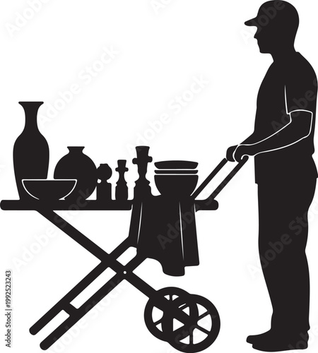 Black silhouette man pushing cart with ceramics, pottery items, Black and white illustration, vector graphics