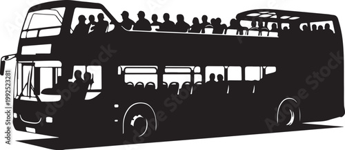 Black silhouette double decker bus, tourist transportation vehicle, city sightseeing tour, monochrome illustration