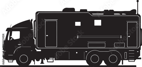 Black RV, motorhome, camper, travel trailer vector silhouette, recreational vehicle, isolated on white