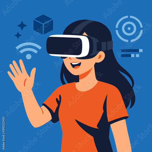 Girl Using VR Headset Technology Vector