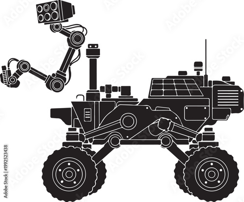 Robotic Mars Rover, Space Exploration Vehicle, Black Vector Illustration, Robotic Arm