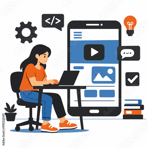 Girl Developing Mobile App Vector Illustration