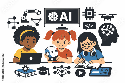 Girls Learning Artificial Intelligence Vector