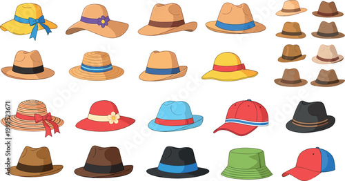 Large collection of stylish hats including straw fedora caps and sun hats for fashion and summer wear isolated vector set