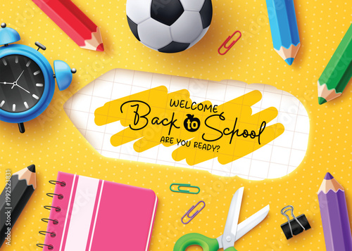 Welcome Back to School greeting clipart design. School elements like ball, pencil, magnifying glass, scissor and notebook with Back to School greeting text clip art in grid line space background