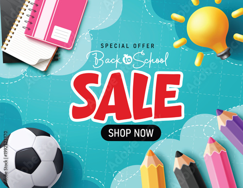 Back to School greeting clipart abstract design. Welcome Back to School greeting text in yellow torn of paper in blue abstract background with sticker School elements, pencil and mortar board in grid