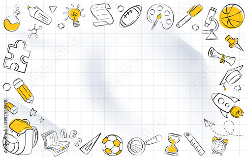 Back to School Sale clipart. School shopping promo discount clip art with School supplies like bulb, color pencil, ball and notebook border design in blue grid line space abstract background