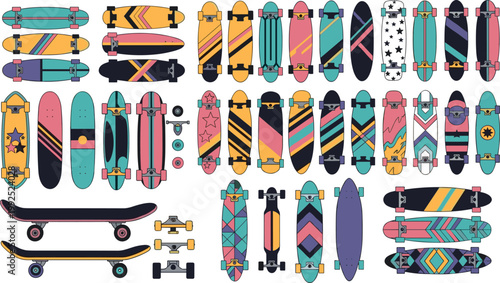 Large skateboard collection vector set with colorful decks, trucks, wheels and abstract patterns isolated on light background