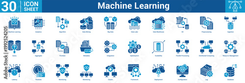 Machine Learning editable icon set vector illustration concept for business with icon of Machine Learning, Analytics, Algorithm, Data Mining, Big Data, Data Lake, Data Warehouse, Etl, Preprocessing.