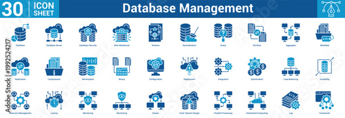 Database Management editable icon set vector illustration concept for business with icon of Database, Database Server, Database Security, Data Warehouse, Schema, Normalization, Query, Partition.