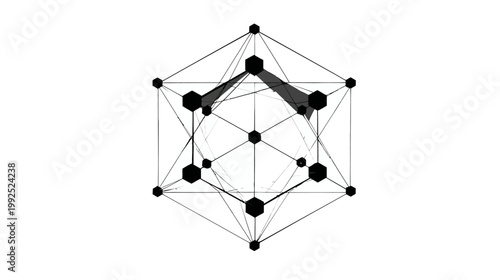 Abstract 3D geometric shape with interconnected nodes and lines, complex sacred geometry wireframe structure, technology design element