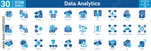 Data Analytics editable icon set vector illustration concept for business with icon of Analytics, Descriptive, Data Mining, Big Data, Data Lake, Data Warehouse, Query, Aggregate, Metadata, Schema.