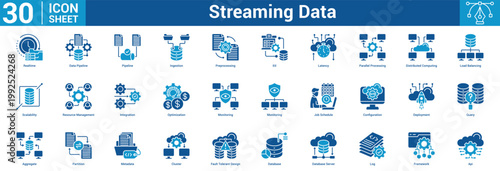Streaming Data editable icon set vector illustration concept for business with icon of Realtime, Data Pipeline, Pipeline, Ingestion, Preprocessing, Etl, Latency, Parallel Processing, Distribute.