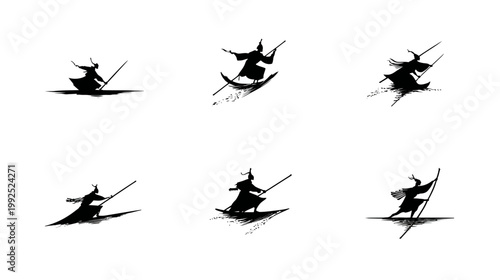 Set of stylized ancient warrior silhouettes with swords, dynamic action poses, grunge brush stroke effect. Black vector icons.