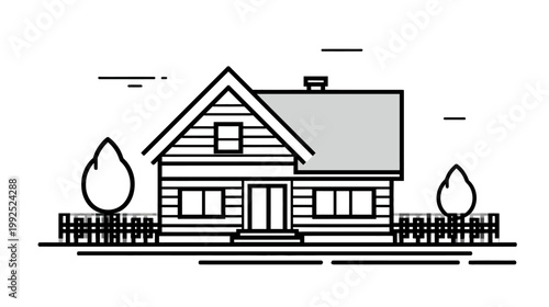 Minimalist Outline House Illustration with Fenced Yard and Trees. Simple Residential Property Icon for Real Estate Design