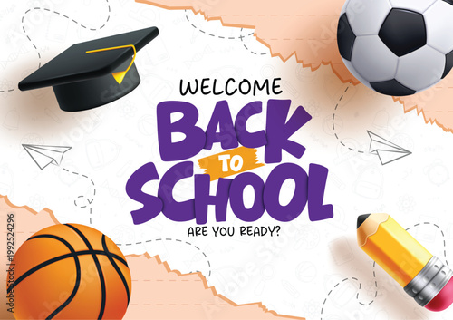 Welcome Back to School greeting abstract clipart. Back to School typography text with ball, mortar board and pencil School elements in torn of paper abstract doodle background clip art for educational