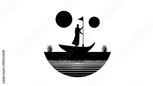 Minimalist black and white illustration: Solitary figure in a boat, holding flag, journeying on water beneath abstract circles. Spiritual travel concept.