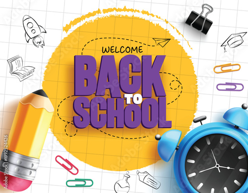 Back to School Typography Poster Clipart. Back to school greeting text template design with yellow abstract background and education elements like alarm clock, pencil, paper clips, and doodle icons