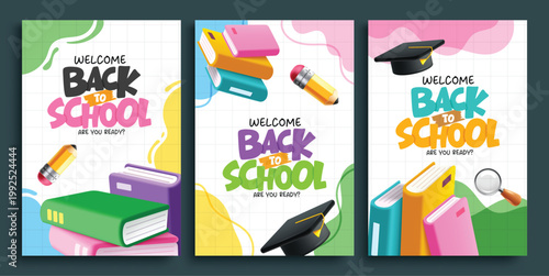 Welcome Back to School Greeting Text Poster Set. Collection of welcome back to school greeting typography with grid abstract background and education elements such as books, pencil, and graduation