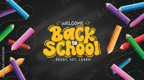 Back to School Chalkboard Greeting Typography Clipart. Back to school greeting text banner with black chalkboard background and colorful pencils for classroom materials, school banner and educational 